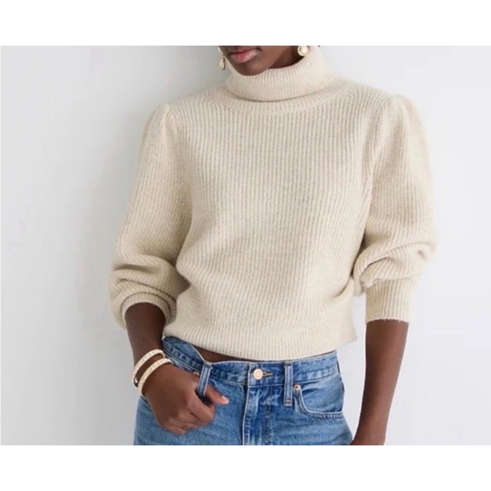 J Crew Sweater Turtleneck Puff Sleeve Ribbed‎ Merino Alpaca Cream Medium
